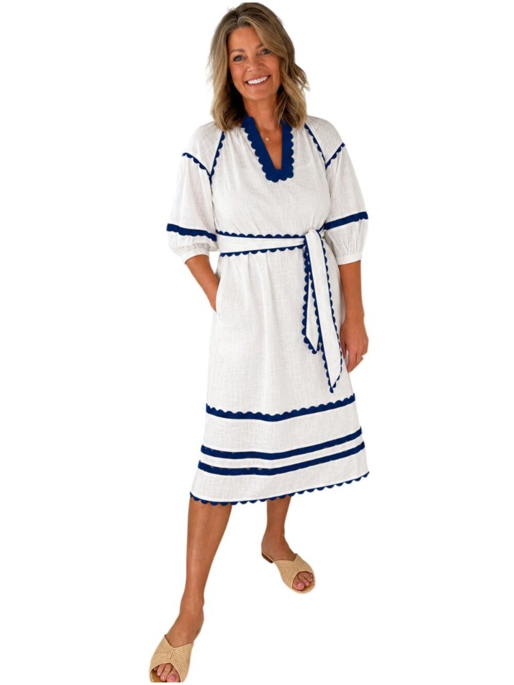 Rose and Rose Fulham Dress in White and Blue size XS long sleeve midi summer